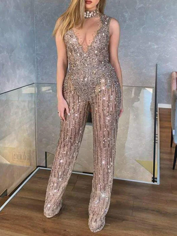 Sexy Round-Neck Beaded Mesh Empire Straight Leg Jumpsuits