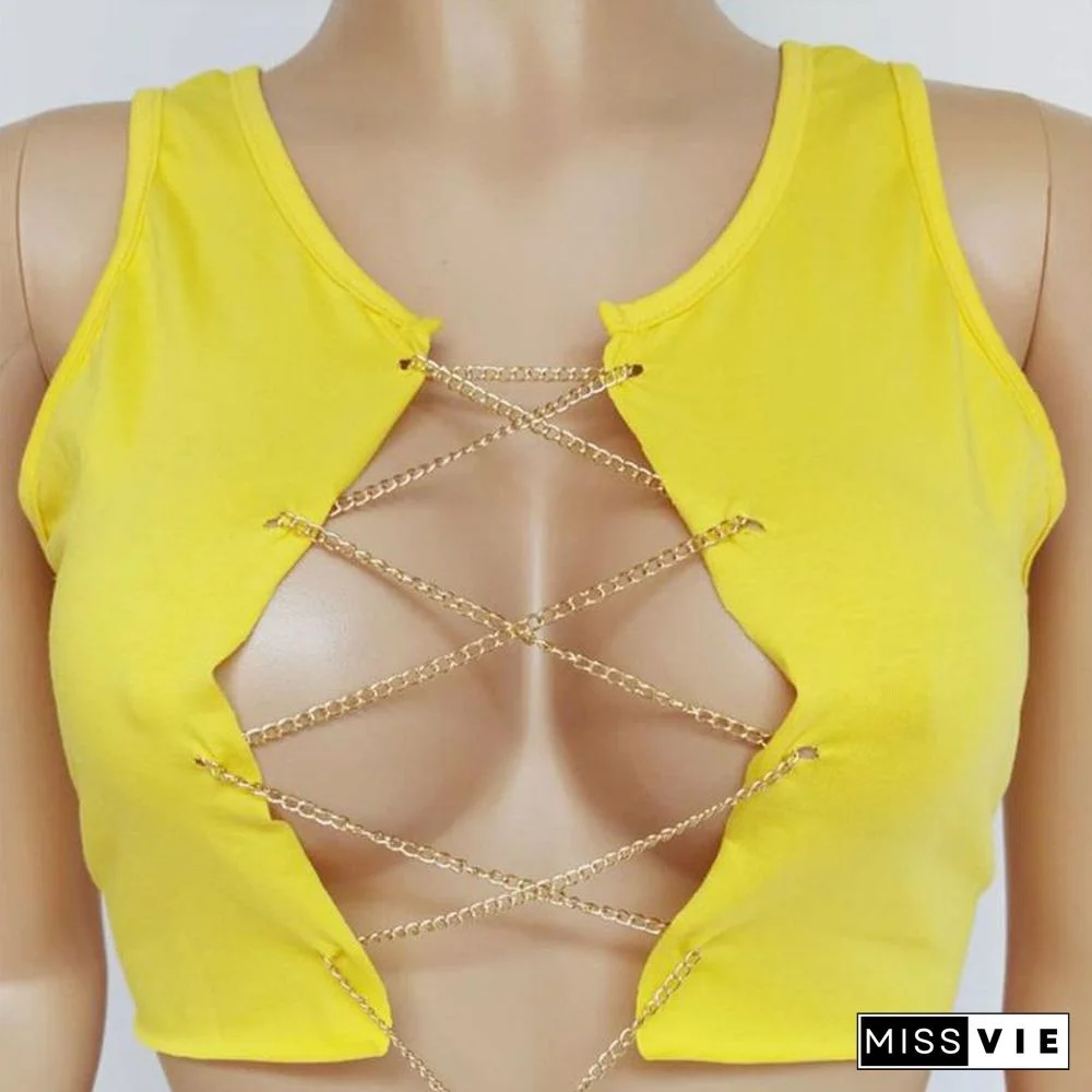 Red Black White Metal Chain Sleeveless Crop Top Sexy Clubwear Women Adjustable Lace Up Hollow Out Tank Tops Tees Camisole