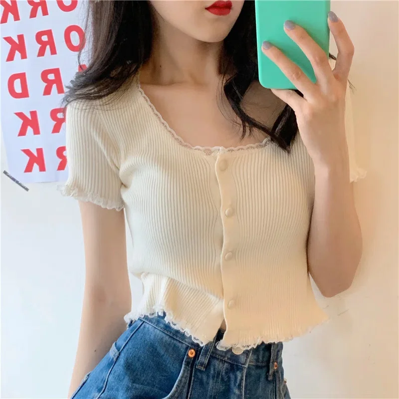 Uveng Uveng Retro Girl Soft Lace Collar Knitted Jersey High-Waisted Short-Sleeved T-Shirt Top