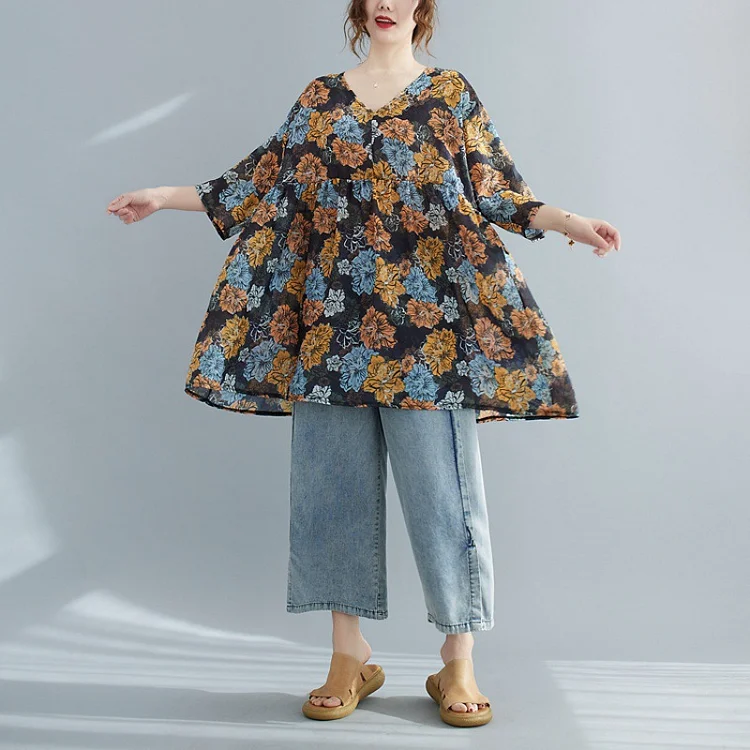 Vintage Print V-Neck Short Sleeve T-Shirt - yankia