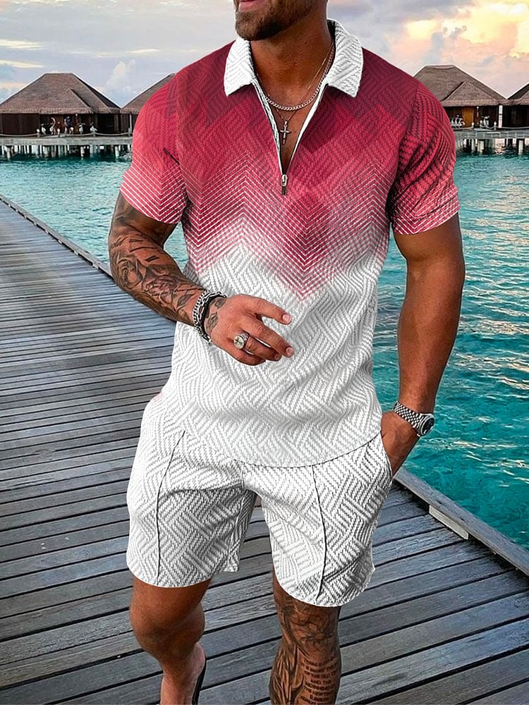 Men's Fashion Vacation Contrast Color Geometric Printing Polo Suit