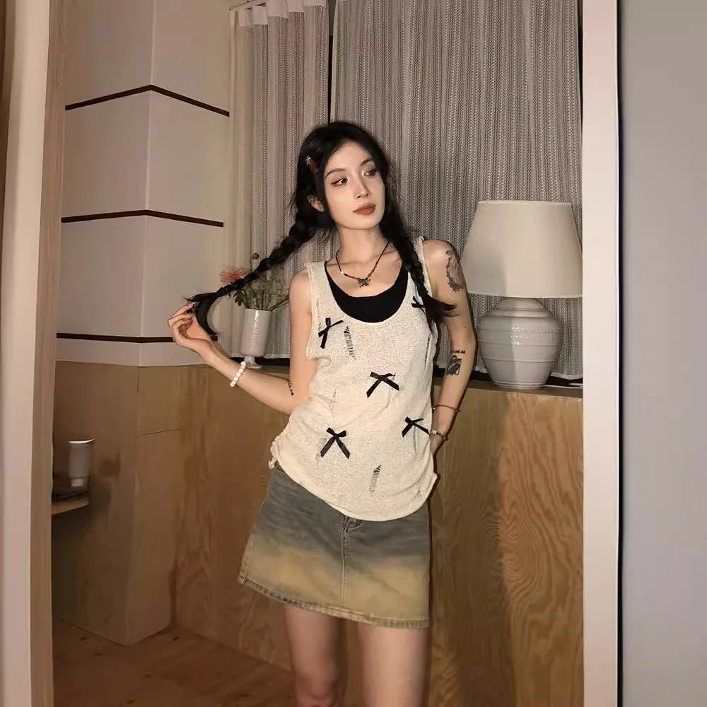 Uveng Uveng Girl Bows With Two Slings Vest Summer Dress Design Hole-Dcupy Knitting Top