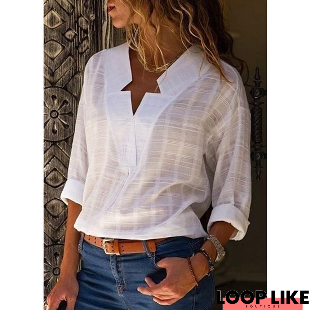 Large Size Women's Blouse Long-Sleeved Shirt Solid Color V-Neck Casual Blouses