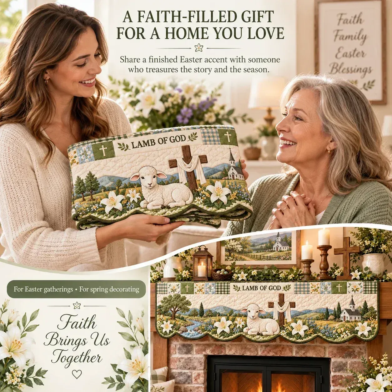 An Easter faith mantel scarf being shared as a seasonal gift