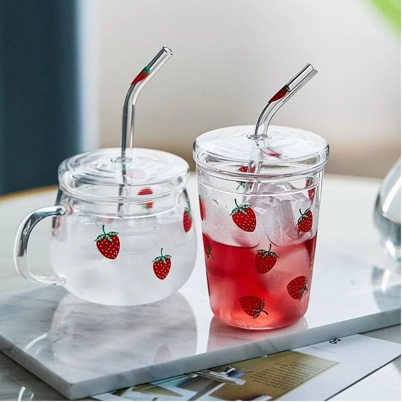 Kawaii Strawberry Glass Water Cup With Straw With Lid SS1846