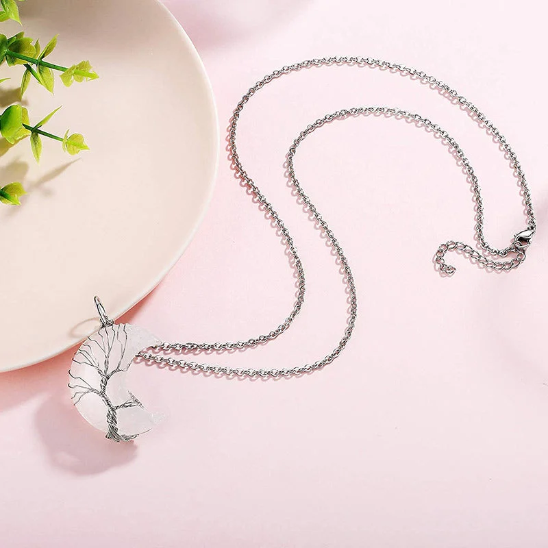 Natural Quartz Crystal Moon Tree Of Life Healing Energy Necklace Pendant