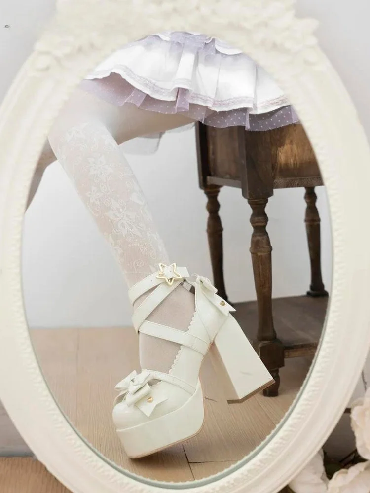 Brownm Bow Star Buckled Platform High Heels