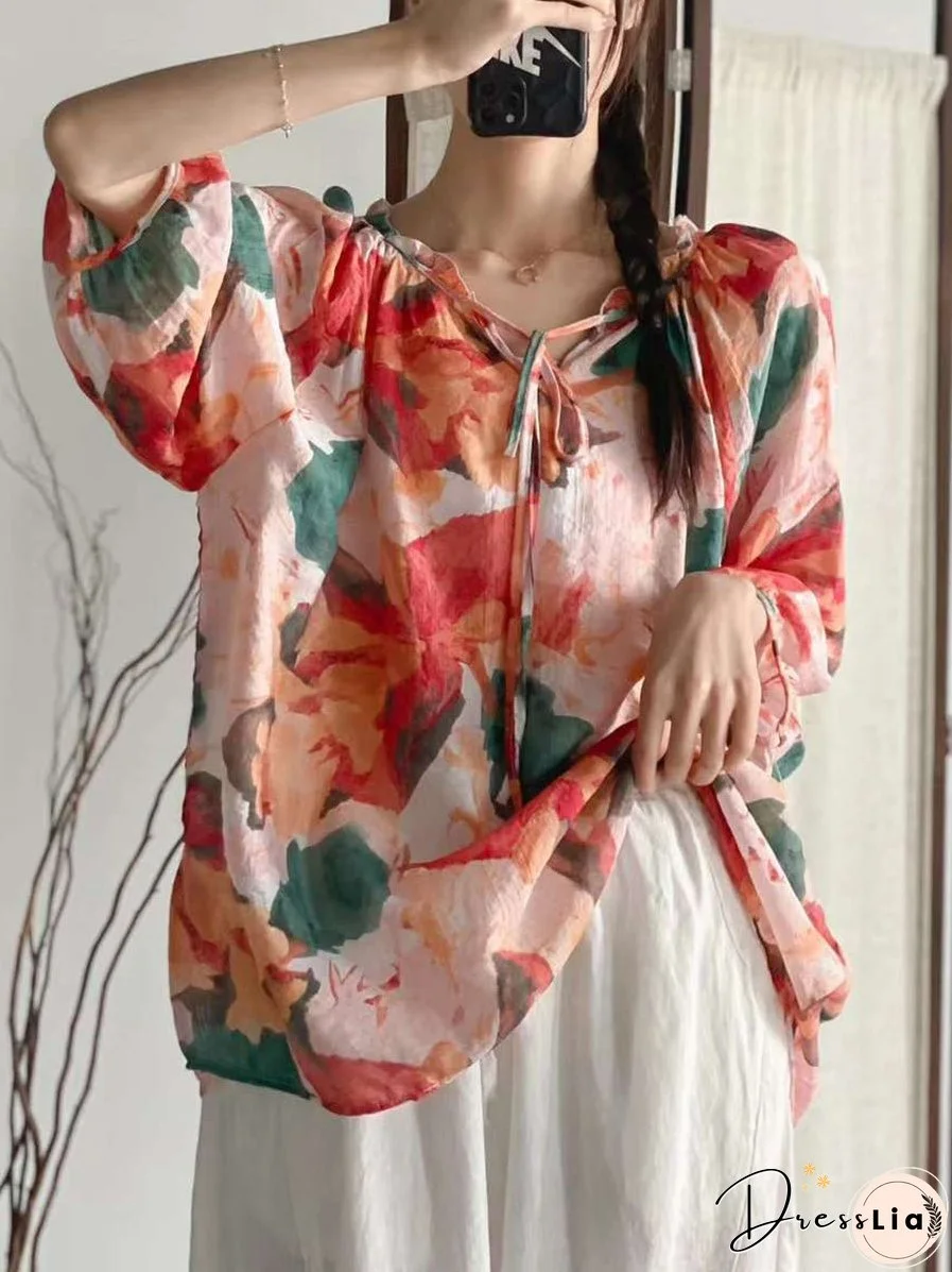 Women Summer Artsy Floral Drawstring Lacework Loose Shirt