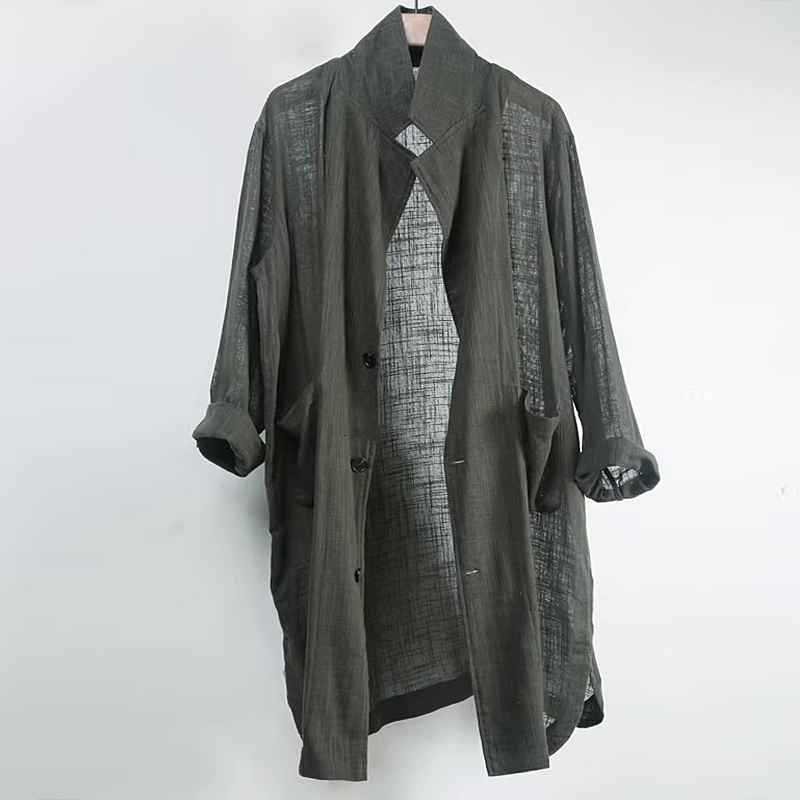 Men's Mid-Length Casual Slit Thin Cotton And Linen Dark Green Blazer