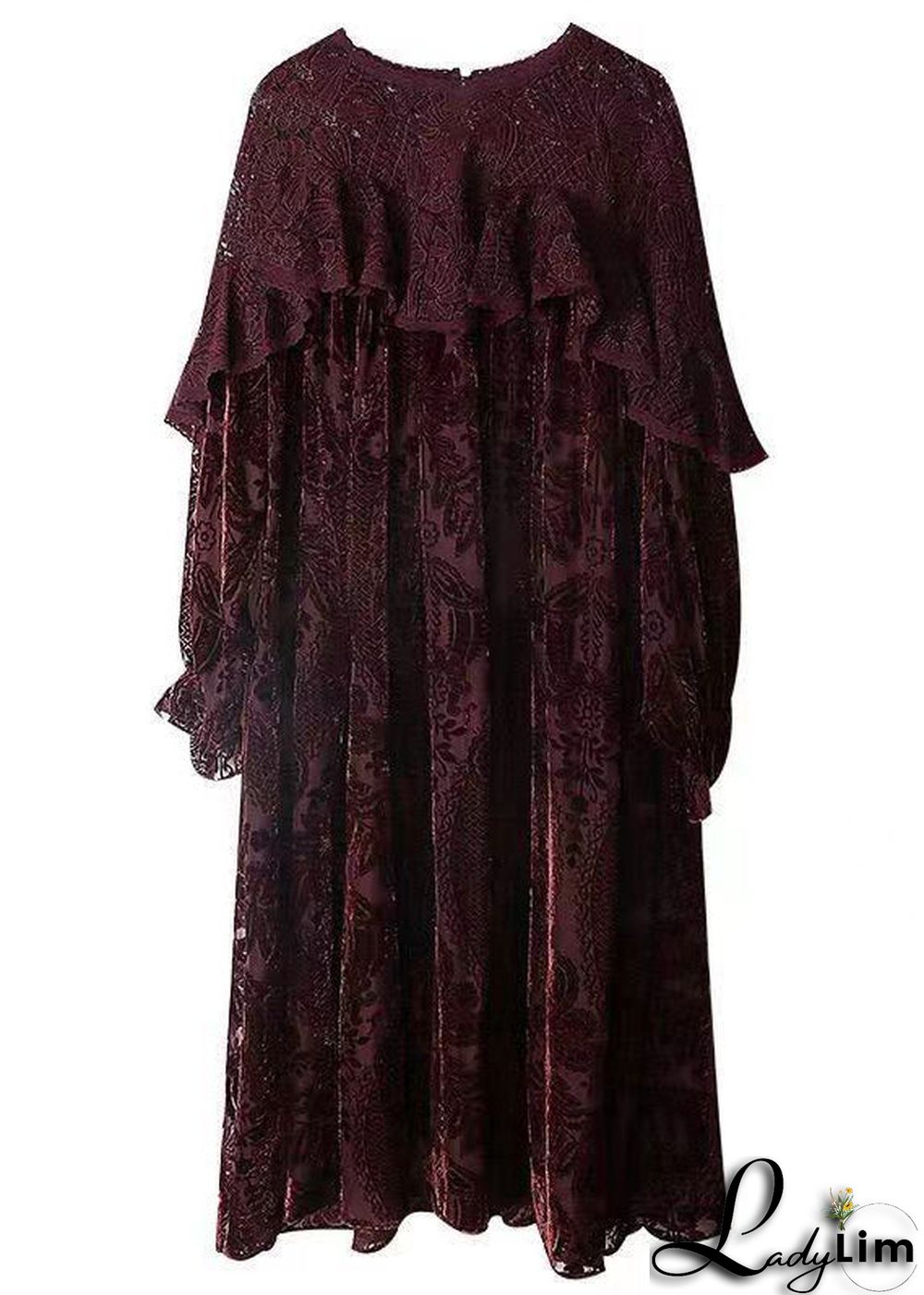 Classy Dull Red Lace Jacquard Patchwork Silk Velour Dresses Fall