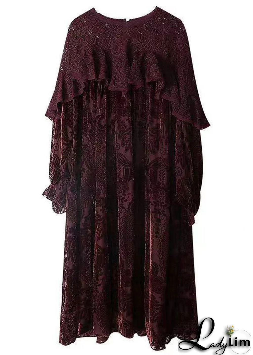 Classy Dull Red Lace Jacquard Patchwork Silk Velour Dresses Fall