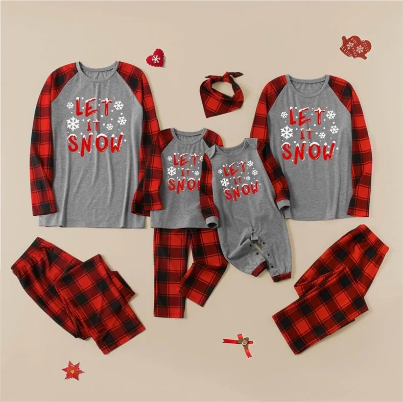 Let It Snow Snowflake Grey Top With Grey&Red Plaid Pants Matching Pajamas