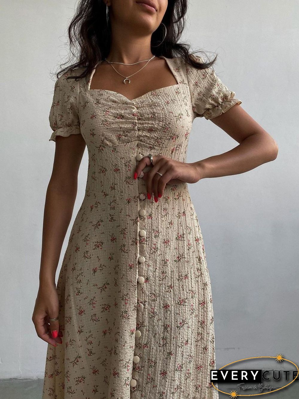 Women'S Dresses Floral Square Neck Button Short Sleeve Dress