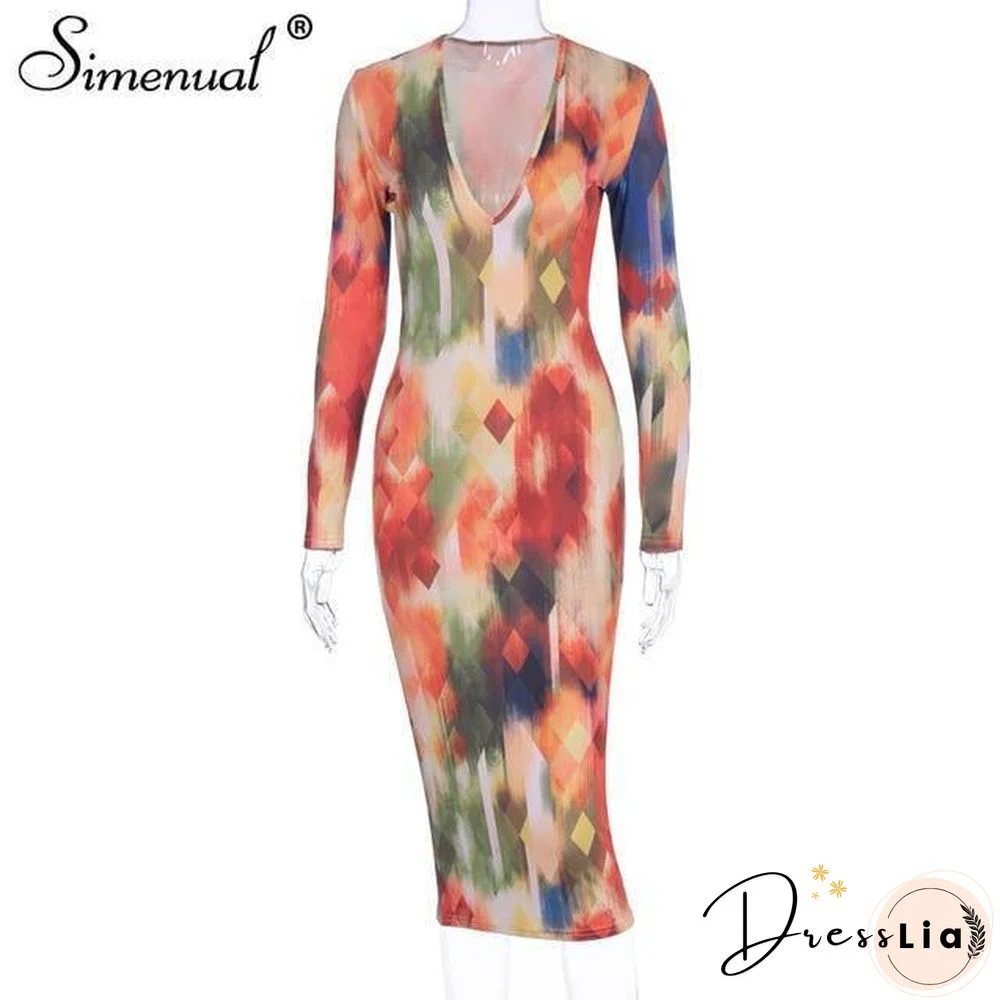 Simenual V Neck Sexy Fashion Print Women Bodycon Dresses Long Sleeve Party Clubwear Skinny Hot Pencil Midi Dress Spring