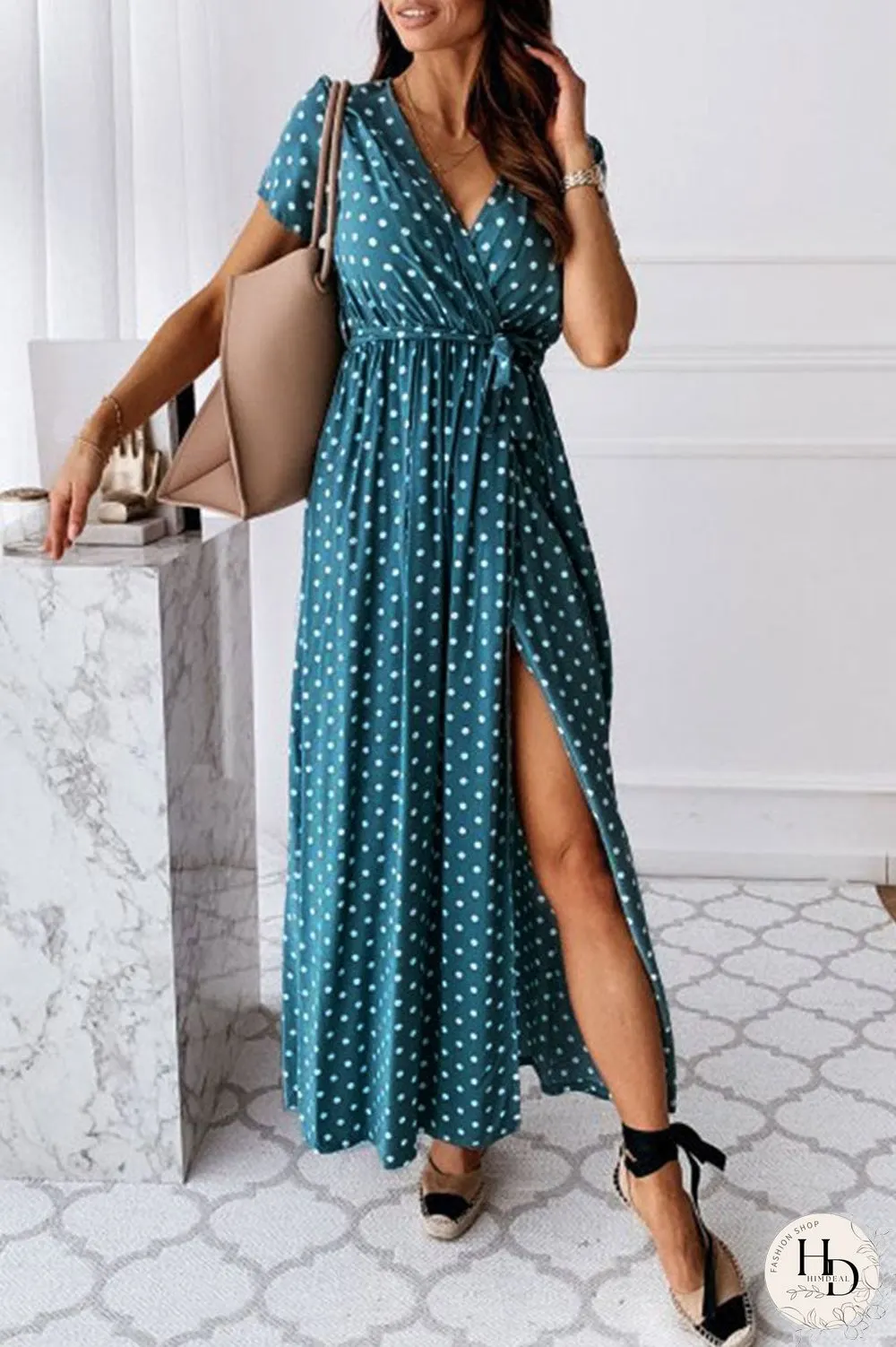 Fashion Sexy Dot Slit V Neck Printed Dresses
