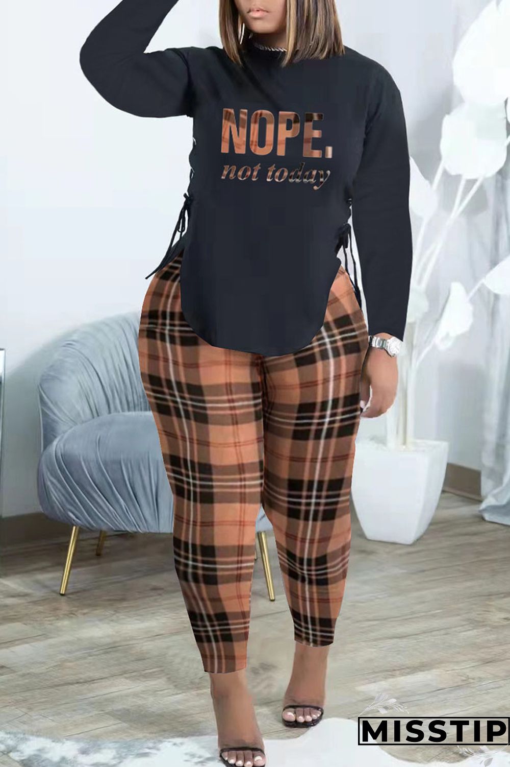 Brown Fashion Casual Print Bandage Patchwork O Neck Long Sleeve Two Pieces