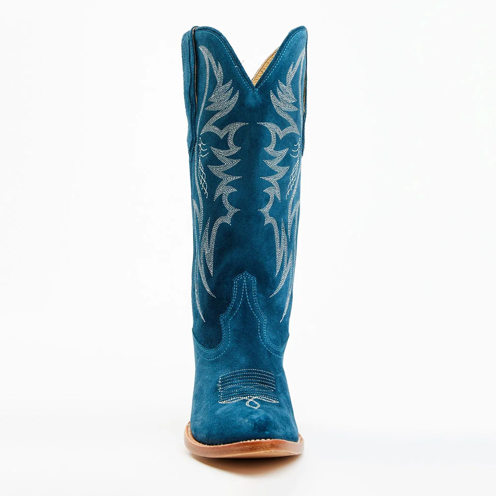 Teal Vegan Suede Almond Toe Chunky Heel Embroidered Cowgirl Boots