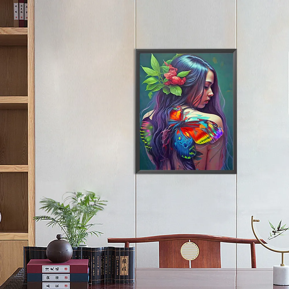 Full Round Diamond Painting 40*50cm - Girl With Butterfly Painting On Back