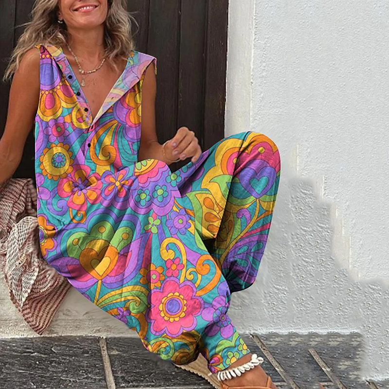 Vintage Hippie Vibe Hippie Floral Pattern Linen Blend Single-breasted Sleeveless Hooded Jumpsuit artswardrobe
