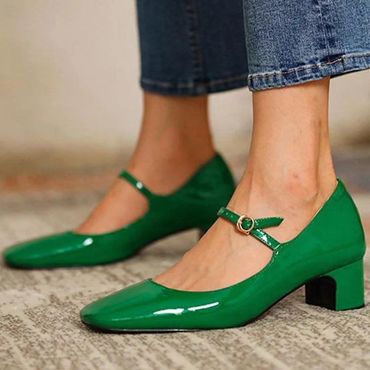 Green Square Toe Mary Jane Shoes Women's Vintage Chunky Heels |FSJ Shoes