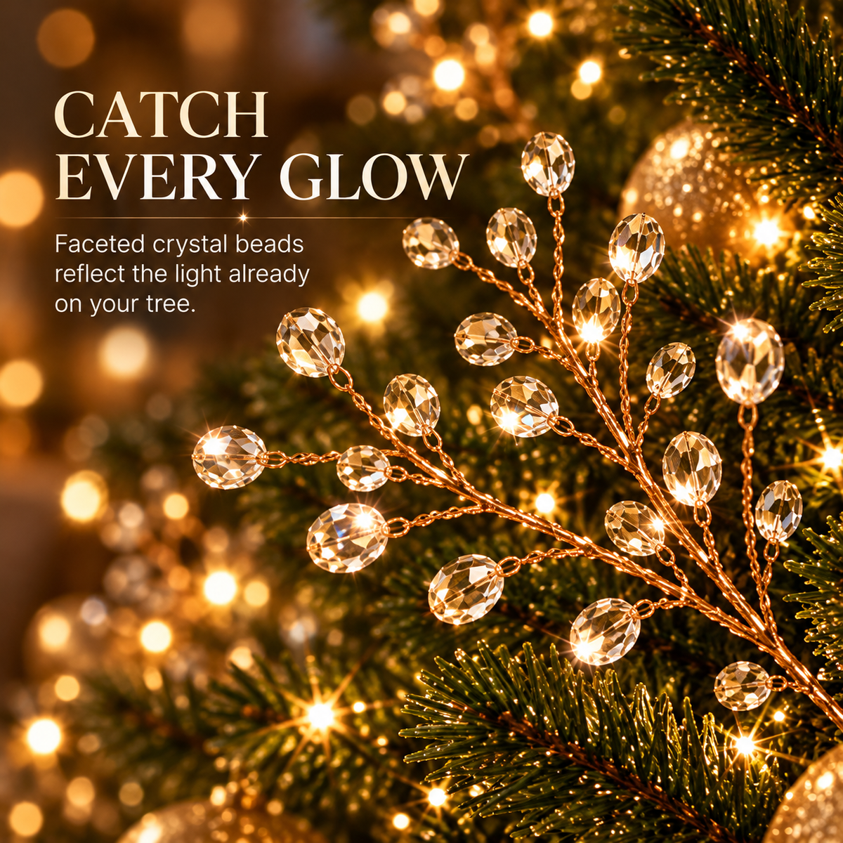 Close-up of faceted crystal beads reflecting Christmas tree lights