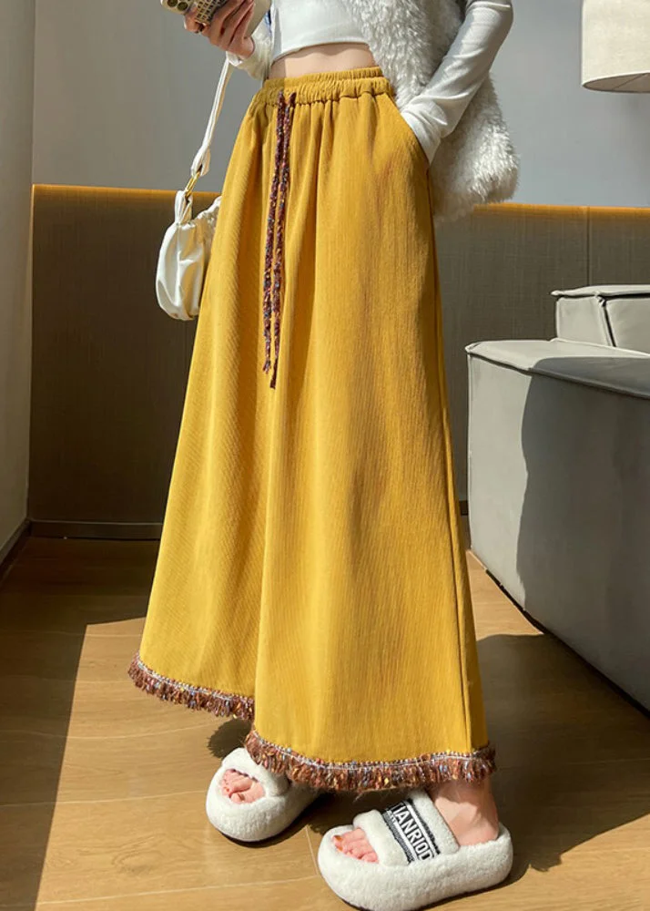 Art Yellow Tasseled Elastic Waist Corduroy Crop Pants Fall