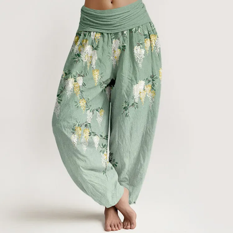 Cotton White Yellow Blossom Cluster Pattern Women's Elastic Waist Harem Pants
