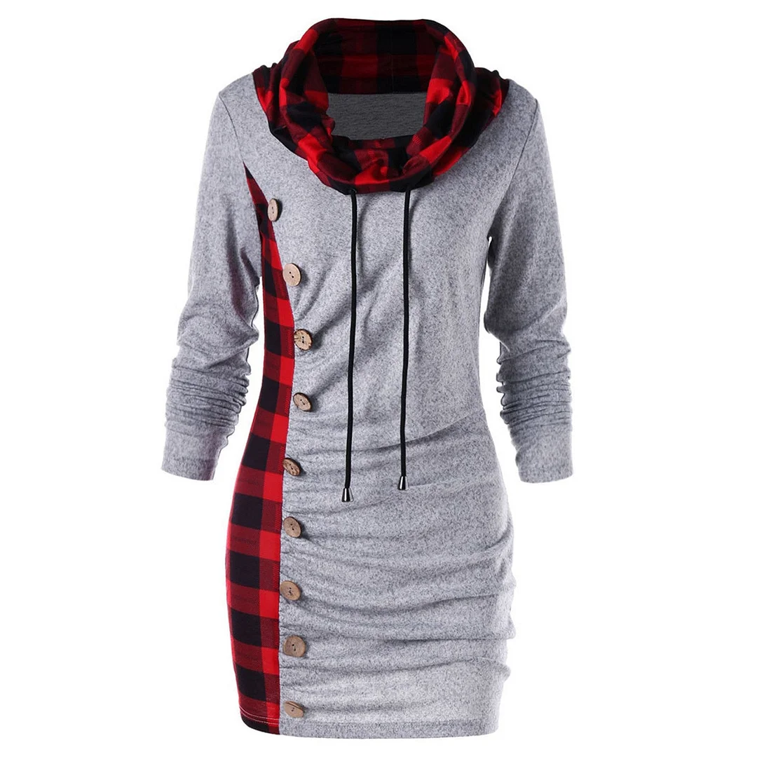 Fashion Women Winter Dress Plaid Scarf Collar Buttons Decoration Patchwork Casual Party Dresses Long Sleeve Ladies Dresses 2021