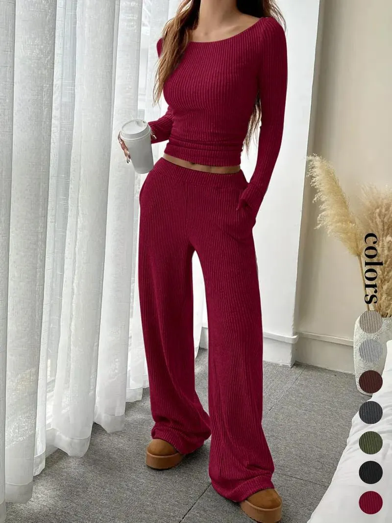 Women's Casual Striped Long Sleeve Top & Loose Pocket Pants Set, European Style Womenswear, Comfortable for Daily Wear Women's Casual Striped Long Sleeve Top & Loose Pocket Pants Set, European Style Womenswear, Comfortable for Daily Wear