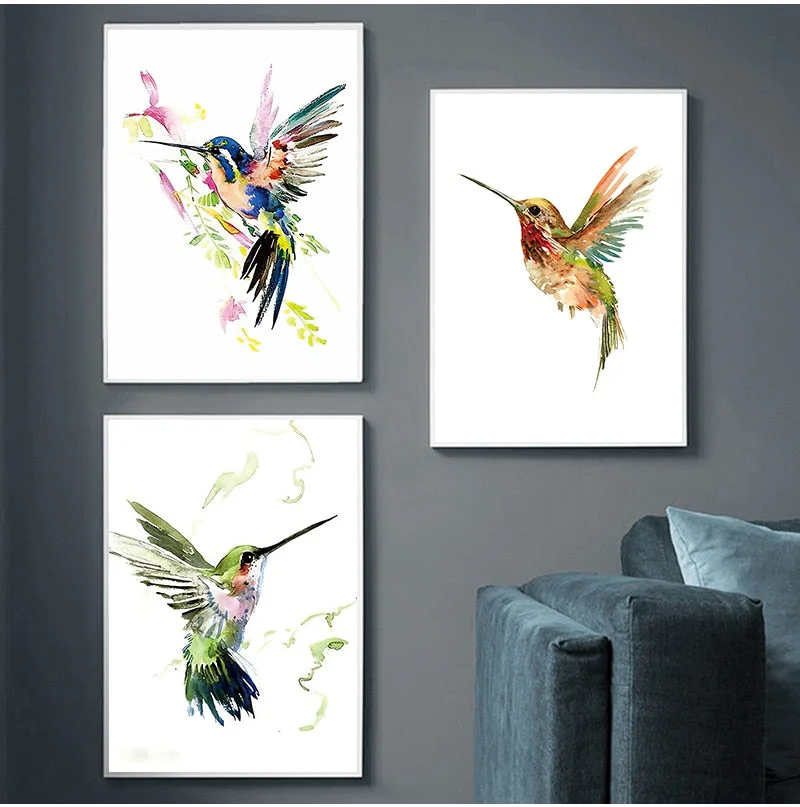 Colorful Abstract Hummingbird Picking Nectar Wall Art Canvas Painting Watercolor Prints Home Decor Pictures Living Room