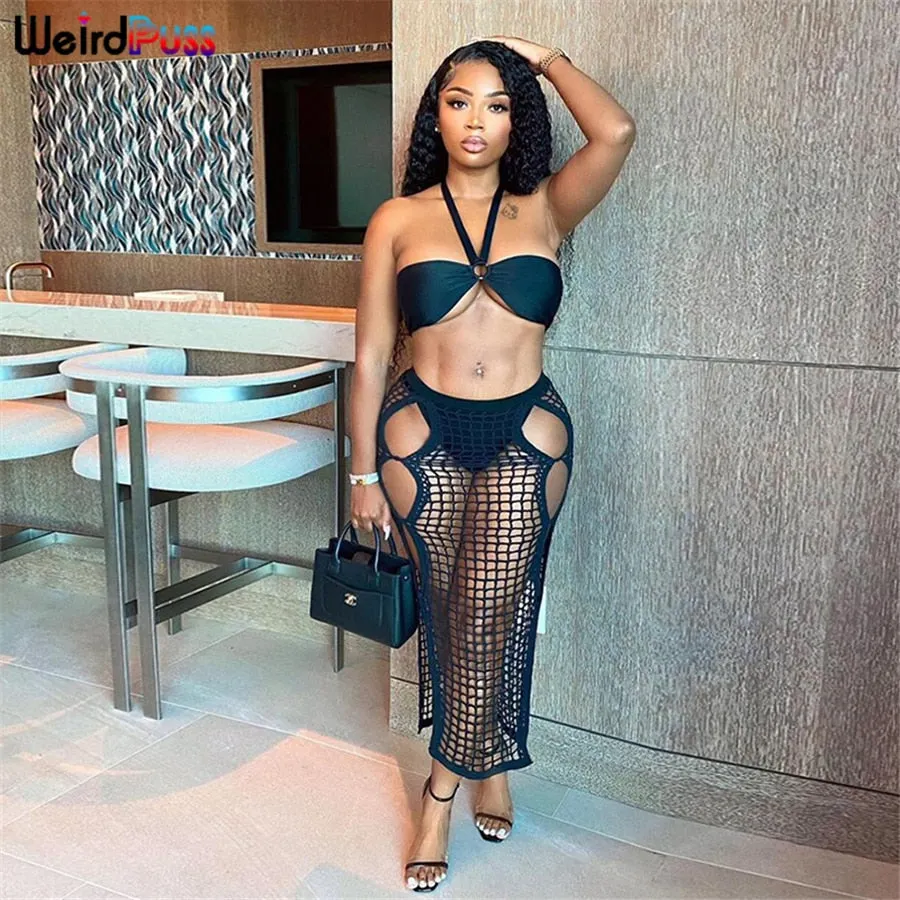 Weird Puss Summer Knitting Sexy Long Skirt Women Elastic See-Through Hollow Out Grid Party Streetwear Bottom Solid Color Outfits