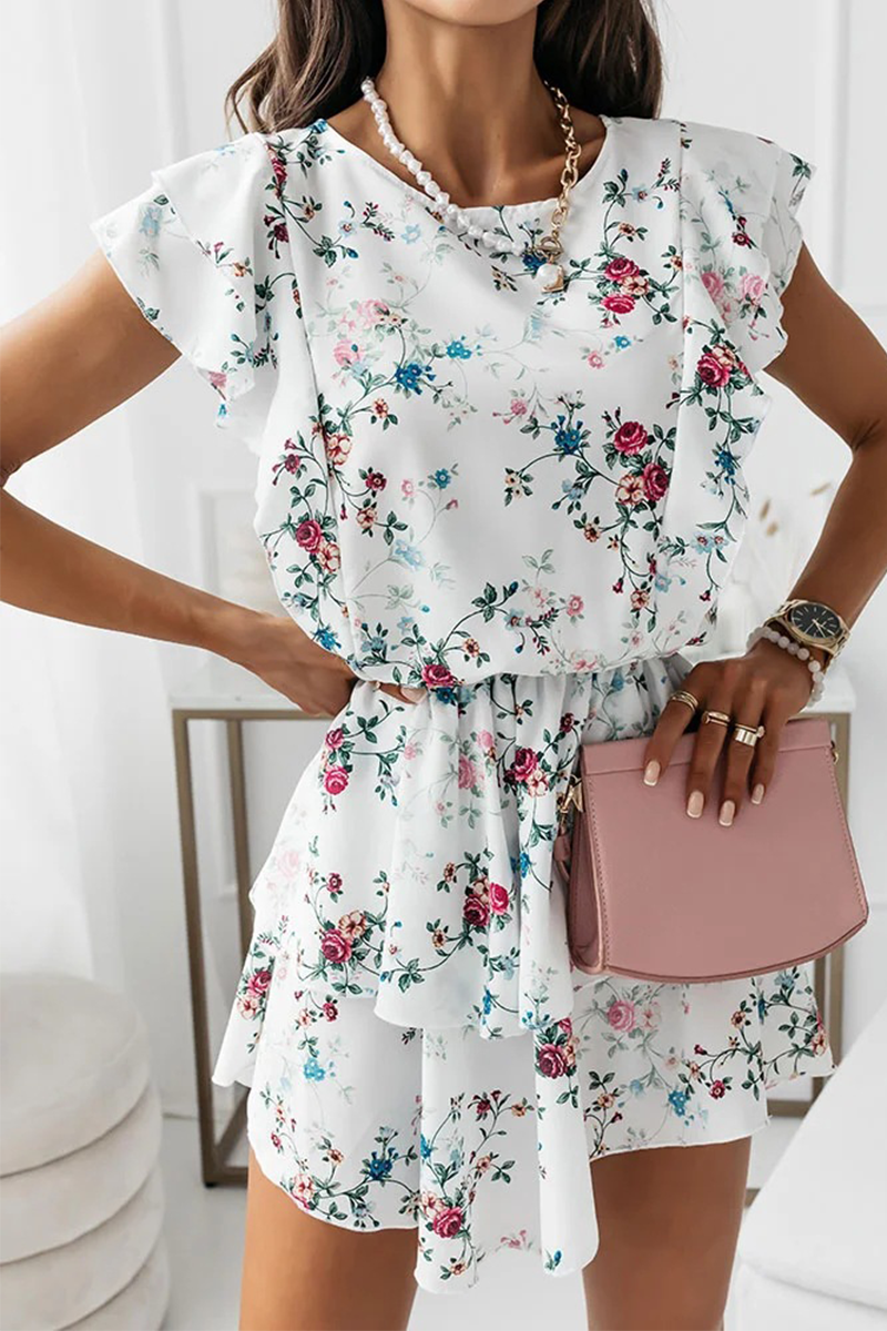 Fashion Casual Floral Split Joint Flounce O Neck A Line Dresses