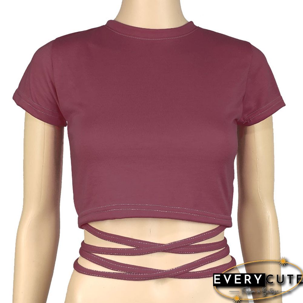 New O Neck Solid Tshirt Women Summer Cross Bandage Tee Sexy Short Sleeve Camisole Casual Tank Top Fashion Female Crop Tops Shirt