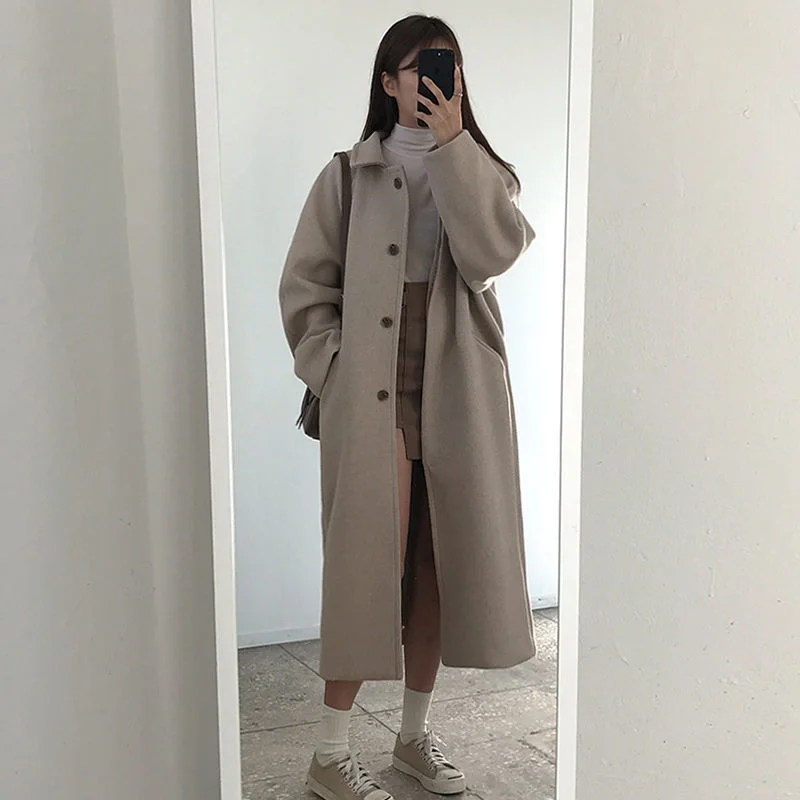 suoifun Long Office Lady Solid Full Loose 2021 New Fashion Women Autumn Winter Korean Single Wool Blend Coat Outwear Overcoats