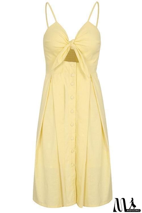 MidiSono - Backless Hollow Bow Tie Button Front Slip Dress