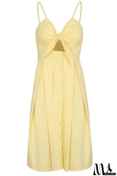 MidiSono - Backless Hollow Bow Tie Button Front Slip Dress