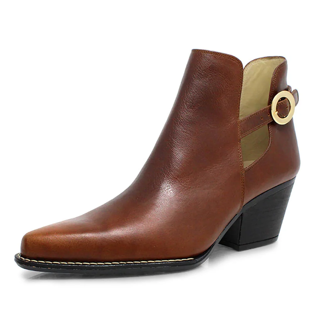 Brown Pointed Toe Cut-Out Chunky Heel Buckle Strap Ankle Boots