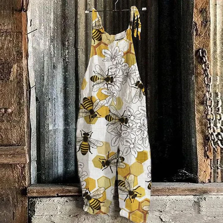 Women's Vintage Bee Print Loose Casual Jumpsuit-mysite