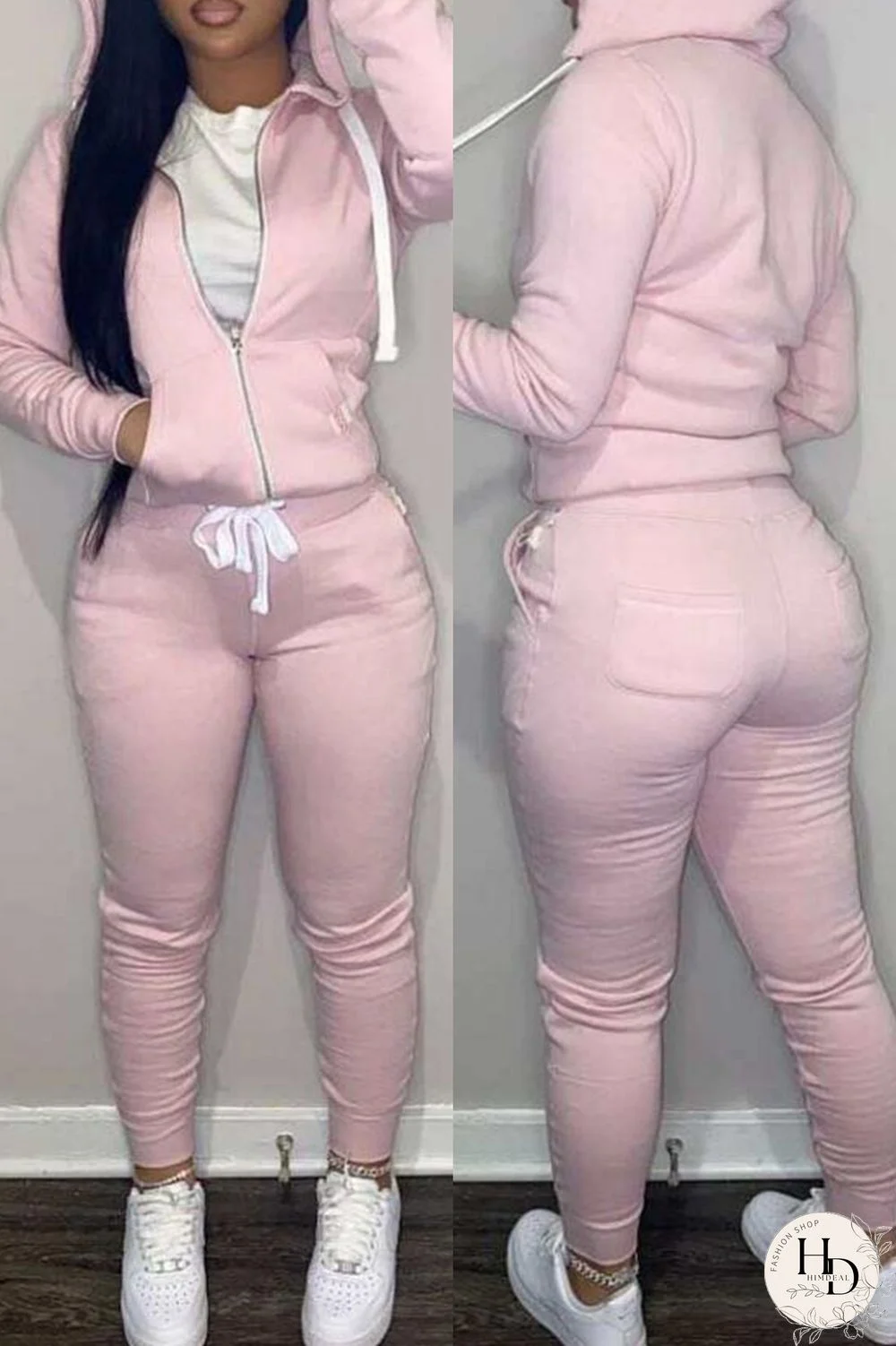 Pink Fashion Casual Solid Basic Hooded Collar Long Sleeve Two Pieces