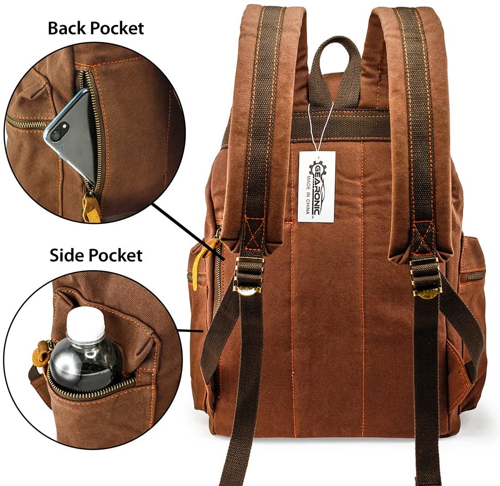 Vintage Canvas Backpack for Men Leather Rucksack Knapsack 15 inch Laptop Tote Satchel School Military Army Shoulder Rucksack Hiking Bag