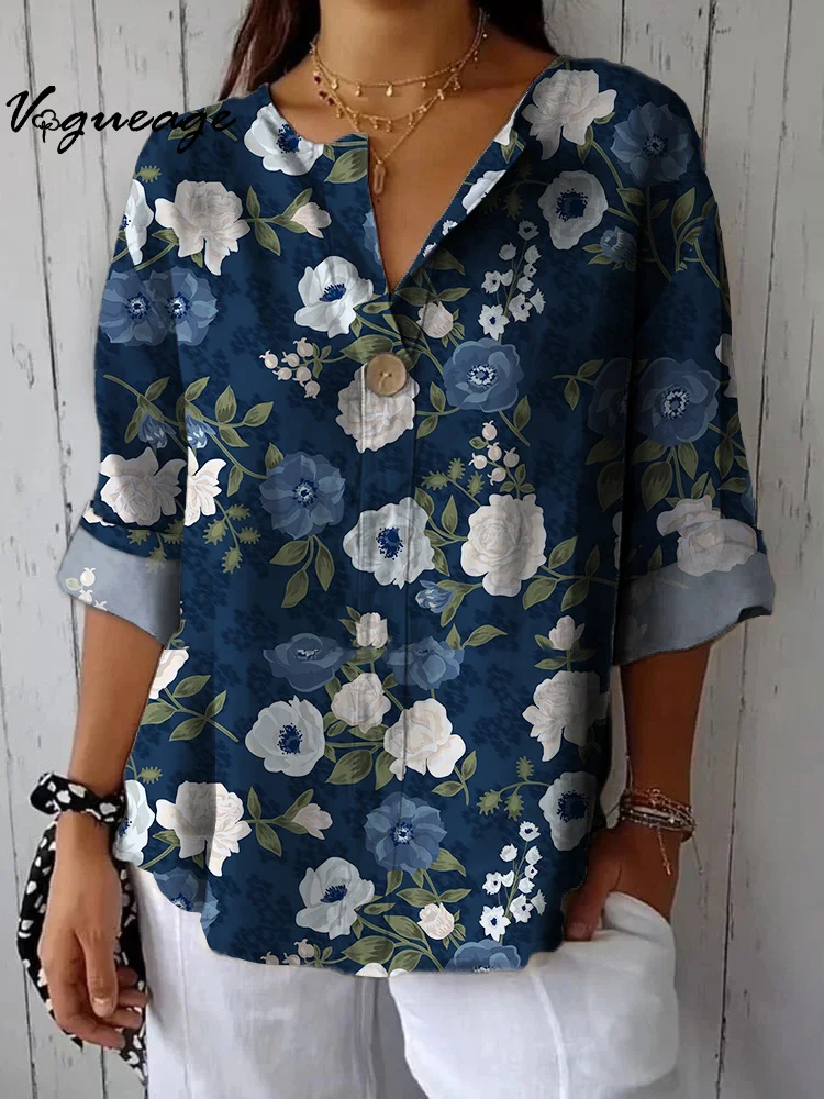 Elegant And Low-Key Intellectual Flowers Printed Cotton And Linen Shirt