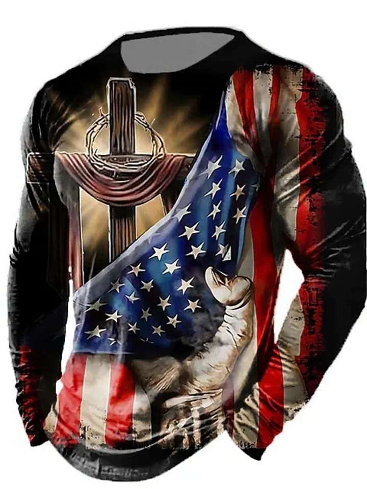 Men's T Shirt Tee Graphic Prints American Flag National Flag Crew Neck Khaki + Dark Grey Black White Black / Red Black / Brown 3D Print Outdoor Street Long Sleeve Print Clothing Apparel Basic Vintage | 168DEAL