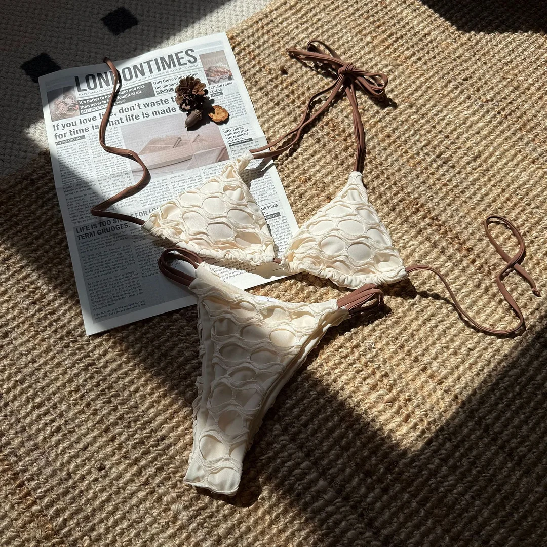 Brownm 2025 Sexy Bare Back Cloth Splicing Drawstring Strap Split Swimsuit Bikini