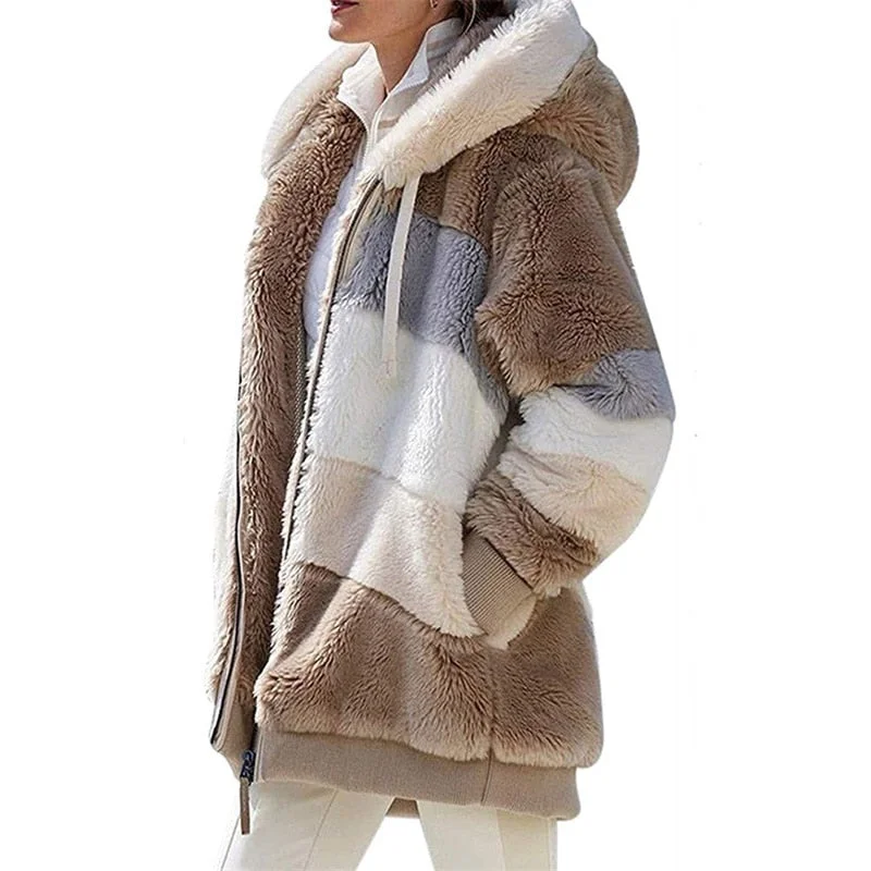 Women Warm Hooded Jacket Winter Zipper Casual Patchwork Loose Coat Fashion Faux Fur Parka Fleece Drawstring Plus Size Coat