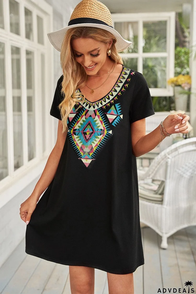 Boho Ethnic Print Short Sleeve Mini Dress