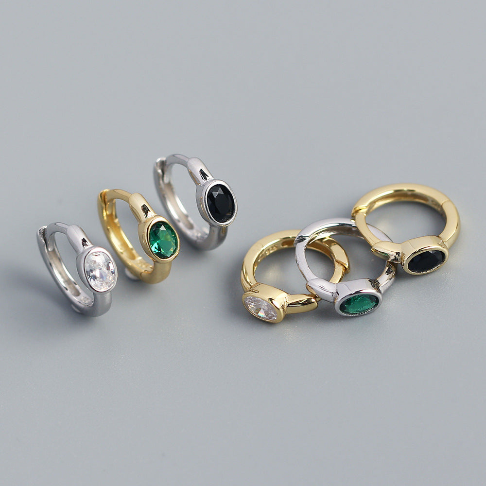 925 Sterling Silver Ellipse Geometric Silver Diamond Inlay Stud Earrings