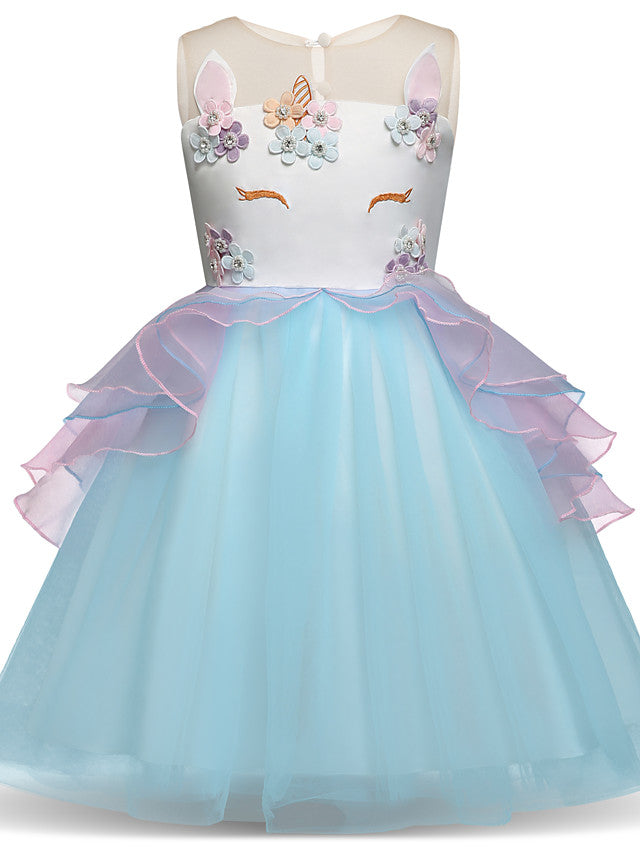 Princess Midi Party / Birthday Satin / Tulle Sleeveless Jewel Neck With Tier / Embroidery / Appliques