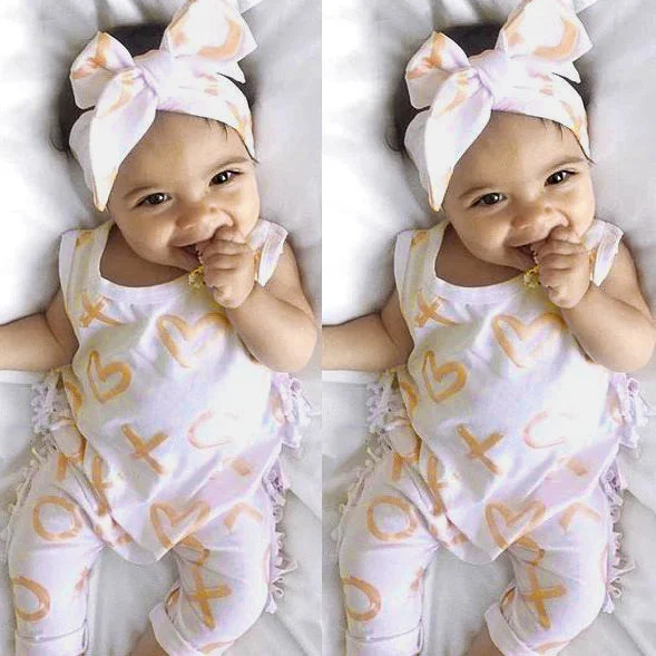 2PCS Lovely Baby Girl Heart Printed Bodysuit Romper