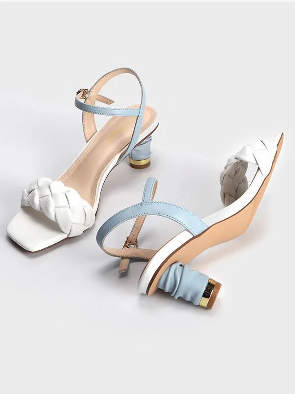 Woven square toe small chunky heel comfortable high heel sandals