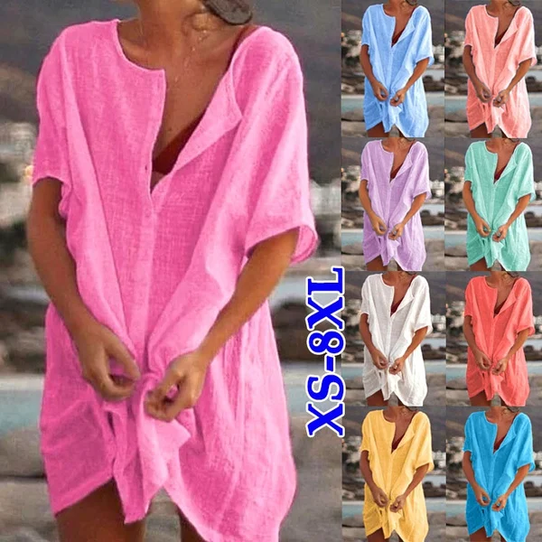 Plus Size Fashion Summer Women's Casual Beach Wear Swimwear Cover-up Linen Dress Loose Short Sleeve Deep V-neck Solid Color Mini Party Dress